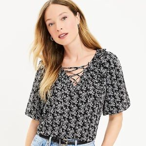 2/$30 Ann Taylor LOFT Lace-Up V-Neck Top w/ Ruffle Trim Puff Sleeves LaceUp Ties